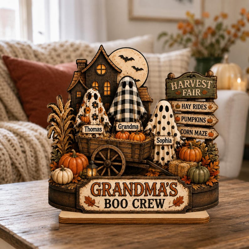 Grandma’s Boo Crew Wooden Plaque, Personalized Halloween Ghost Decor