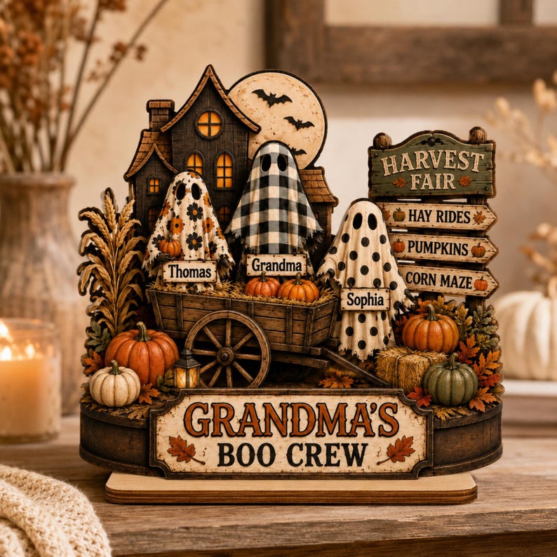 Grandma’s Boo Crew Wooden Plaque, Personalized Halloween Ghost Decor