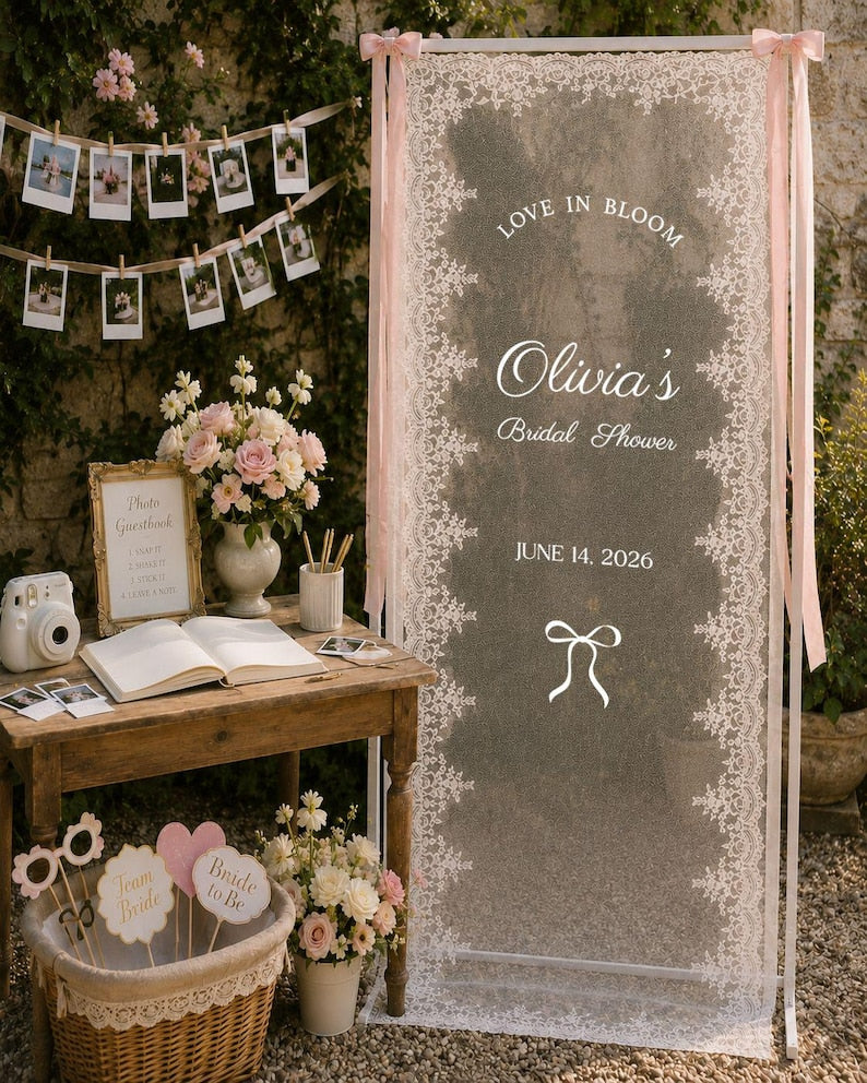 Personalized Lace Bridal Shower Welcome Sign, Custom Sheer Bride Shower Banner, Whimsical Hen Do Decor