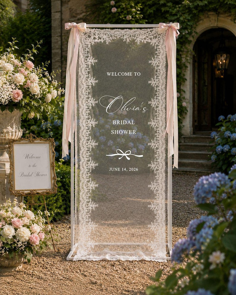 Personalized Lace Bridal Shower Welcome Sign, Custom Sheer Bride Shower Banner, Whimsical Hen Do Decor