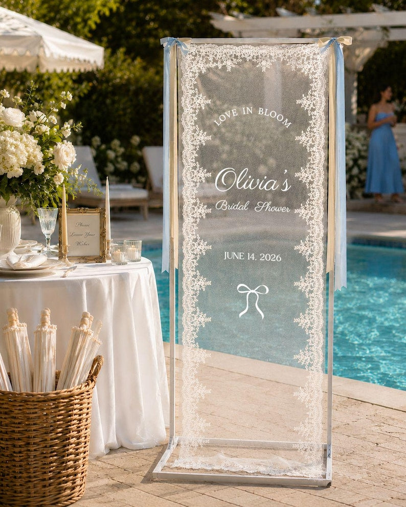 Personalized Lace Bridal Shower Welcome Sign, Custom Sheer Bride Shower Banner, Whimsical Hen Do Decor