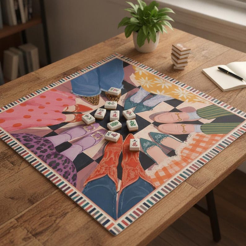 Vibrant Shoe Print Mahjong Mat, Grandmillennial Eclectic Table Cover