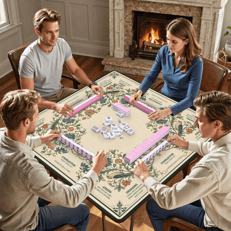 American Mahjong Mat and Bag with William Morris Inspired Birds and Flowers