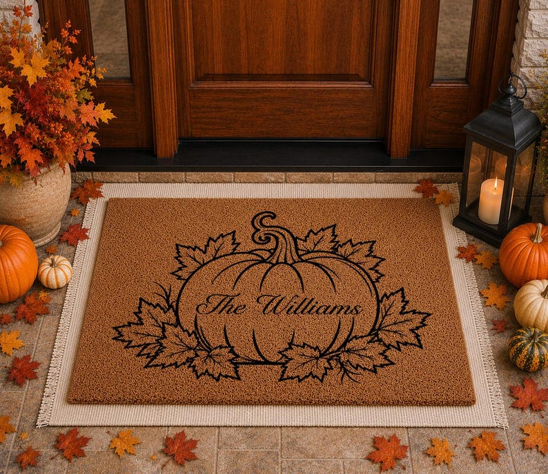 Personalized Pumpkin Doormat, Custom Family Name Doormat, Fall Welcome Mat, Autumn Coir Doormat