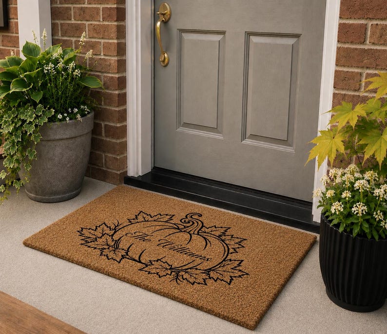 Personalized Pumpkin Doormat, Custom Family Name Doormat, Fall Welcome Mat, Autumn Coir Doormat