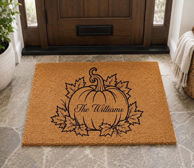 Personalized Pumpkin Doormat, Custom Family Name Doormat, Fall Welcome Mat, Autumn Coir Doormat