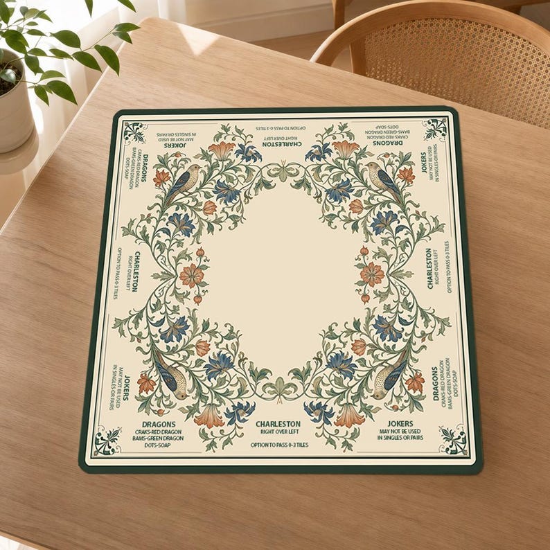 American Mahjong Mat and Bag with William Morris Inspired Birds and Flowers