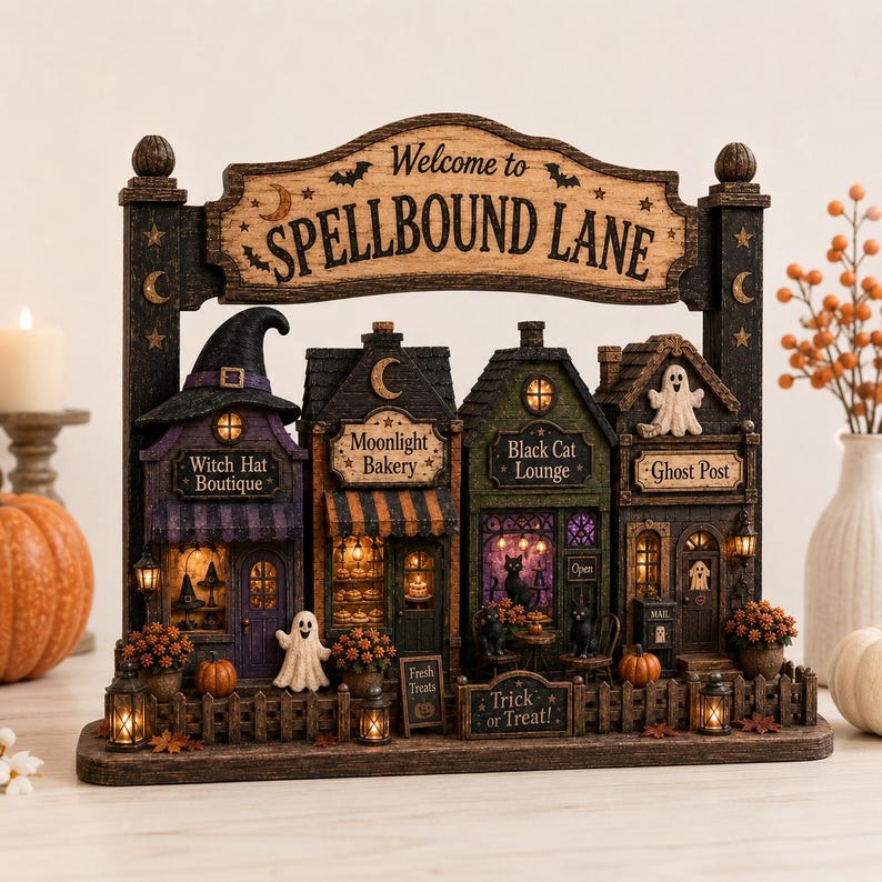 Spellbound Halloween Village Wooden Block, Spooky Shelf Decor, Witch Cat Ghost Decor