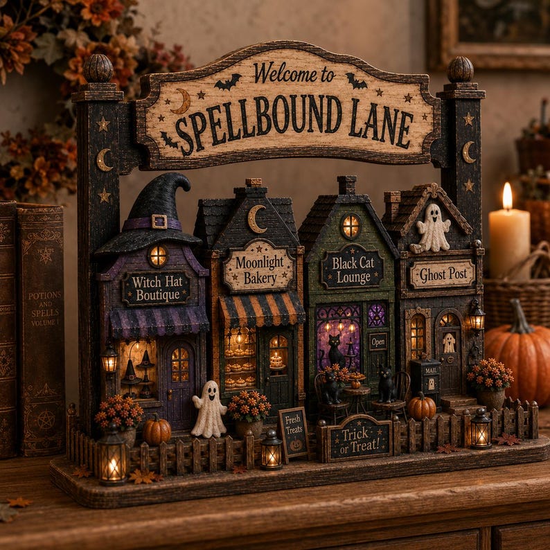Spellbound Halloween Village Wooden Block, Spooky Shelf Decor, Witch Cat Ghost Decor