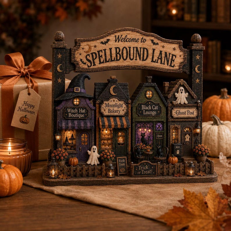Spellbound Halloween Village Wooden Block, Spooky Shelf Decor, Witch Cat Ghost Decor