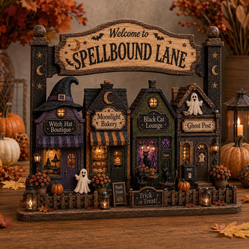 Spellbound Halloween Village Wooden Block, Spooky Shelf Decor, Witch Cat Ghost Decor