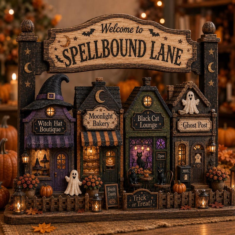 Spellbound Halloween Village Wooden Block, Spooky Shelf Decor, Witch Cat Ghost Decor