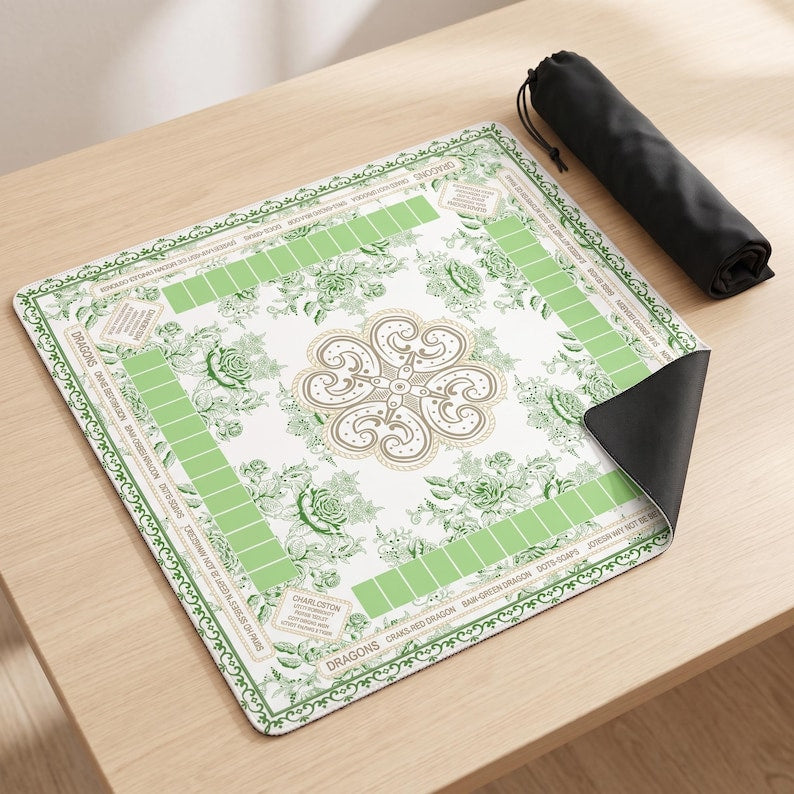 Green Floral Luxury American Mahjong Mat, Non Slip Game Pad