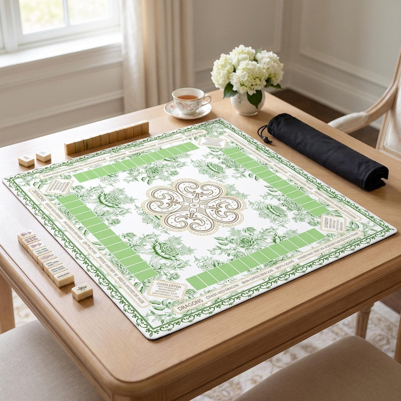 Green Floral Luxury American Mahjong Mat, Non Slip Game Pad