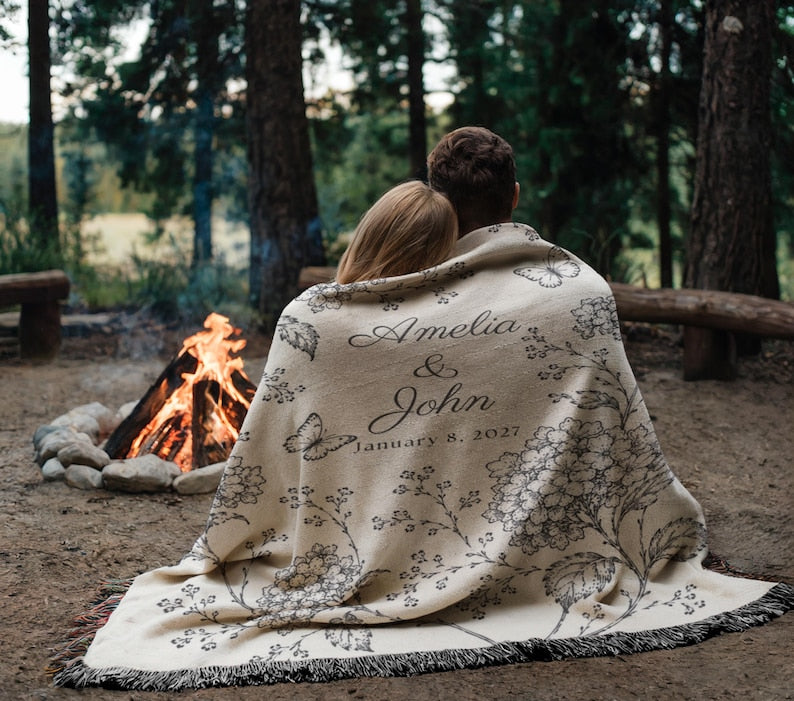Personalized Woven Blanket, Anniversary Gift For Couple, Custom Wedding Family Name Blanket