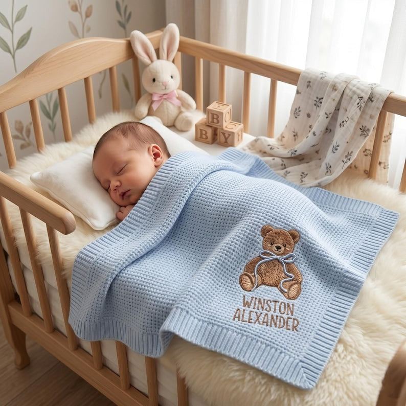 Personalized Embroidered Teddy Bear Baby Blanket with Name, Custom Knit Newborn Gift, Gift For Baby