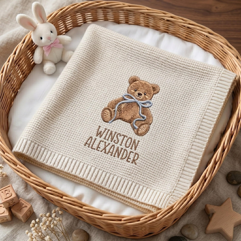 Personalized Embroidered Teddy Bear Baby Blanket with Name, Custom Knit Newborn Gift, Gift For Baby
