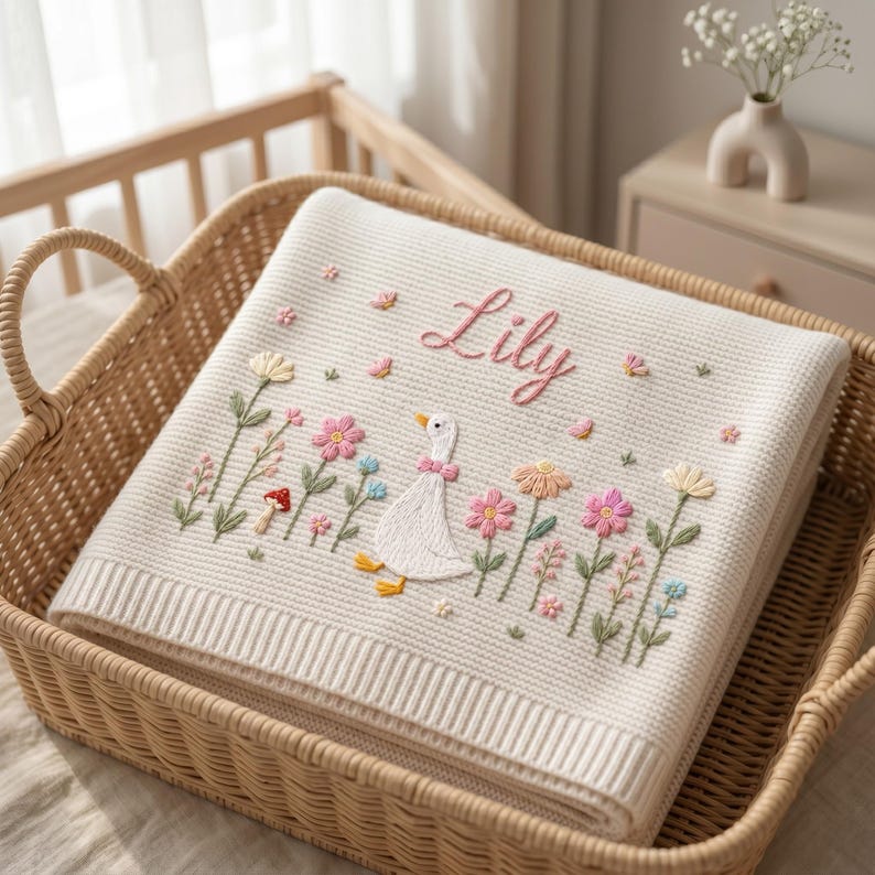 Personalized Embroidered Goose Baby Blanket with Name, Custom Floral Knit Newborn Gift for Newborn, Gift for Baby