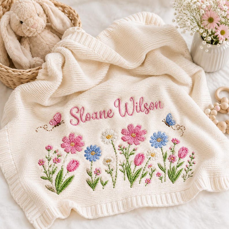 Embroidered Flower Baby Blanket, Custom Name Baby Blanket, New Baby Gift, Baby Girl Birthday Keepsake, Floral Blanket