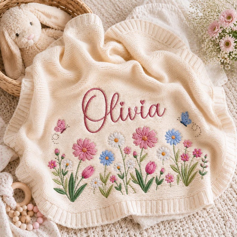 Embroidered Flower Baby Blanket, Custom Name Baby Blanket, New Baby Gift, Baby Girl Birthday Keepsake, Floral Blanket