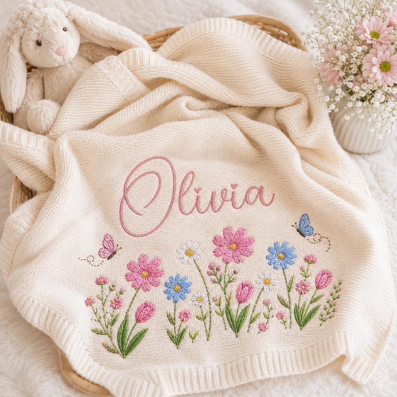 Embroidered Flower Baby Blanket, Custom Name Baby Blanket, New Baby Gift, Baby Girl Birthday Keepsake, Floral Blanket