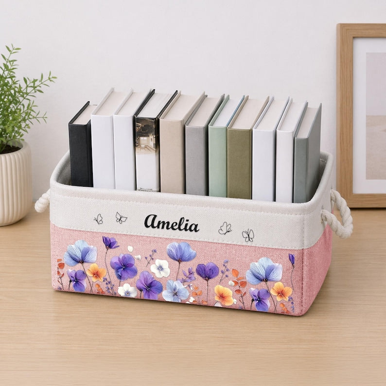Personalized Birth Month Flower Storage Basket, Custom Birth Flower & Name Gift, Reading Birthday Gift