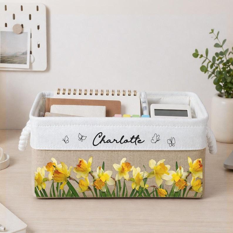 Personalized Birth Month Flower Storage Basket, Custom Birth Flower & Name Gift, Reading Birthday Gift