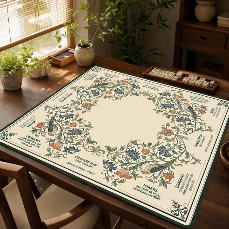 American Mahjong Mat and Bag with William Morris Inspired Birds and Flowers