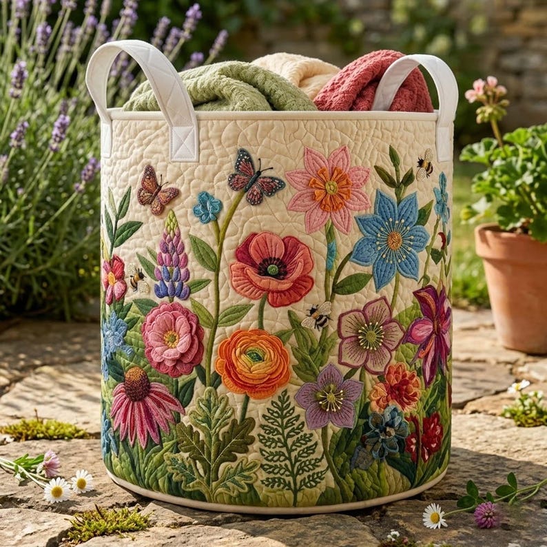 Wildflower Quilted Laundry Basket: Colorful Floral Clothes Hamper, Spring Gift For Mom