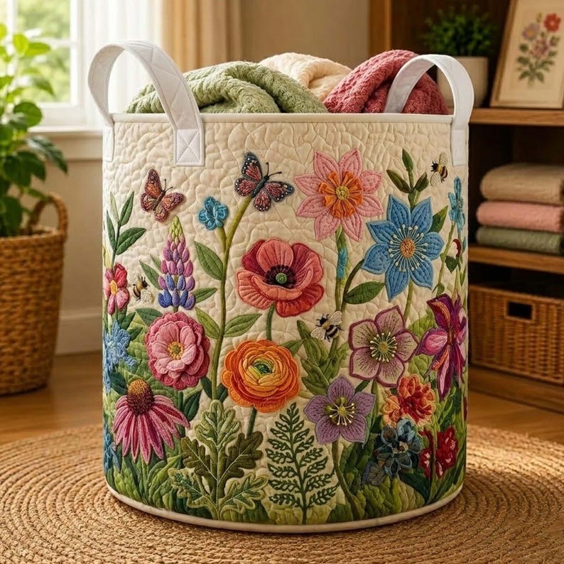 Wildflower Quilted Laundry Basket: Colorful Floral Clothes Hamper, Spring Gift For Mom