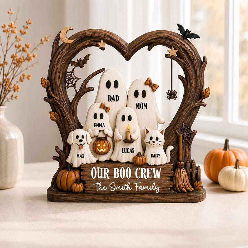 Custom Ghost Family Halloween Wooden Plaque, Rustic Fall Decor, Boo Crew Name Block, Halloween Gift