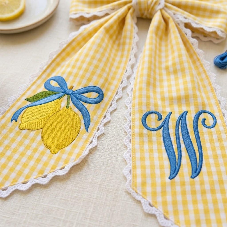 Embroidered Lemon Topiary Wreath Sash, Personalized Monogram, Front Door Decor, Personalized Summer Door Decor