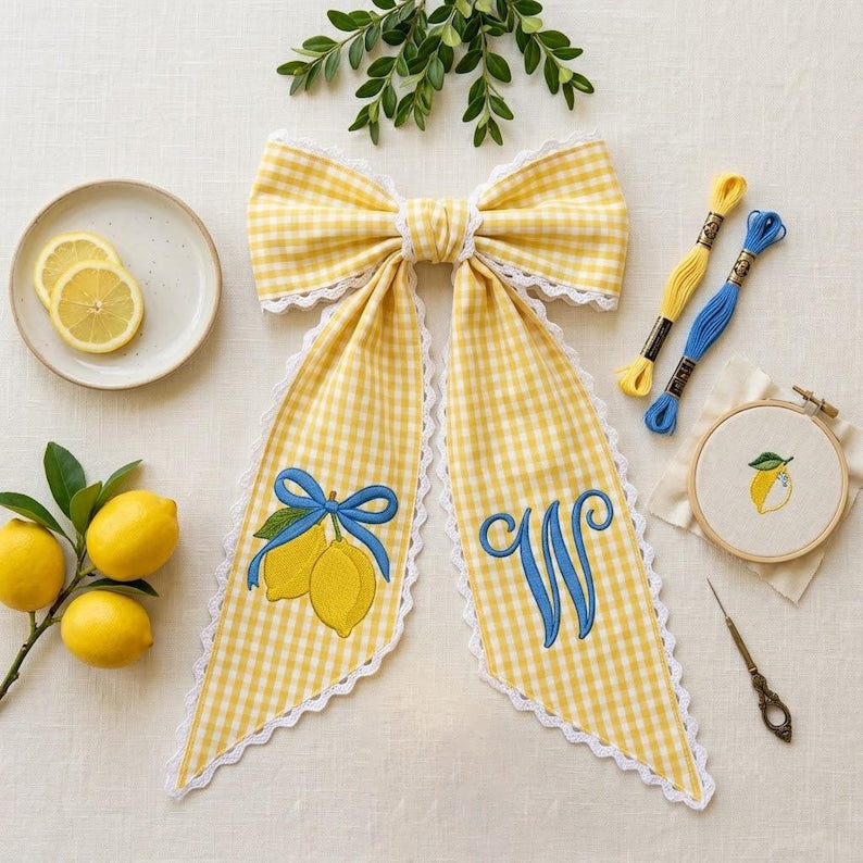 Embroidered Lemon Topiary Wreath Sash, Personalized Monogram, Front Door Decor, Personalized Summer Door Decor