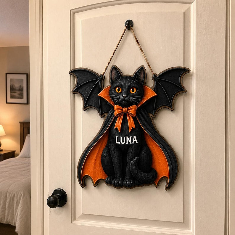 Halloween Cat Wooden Sign, Personalized Pet Name Door Hanger, Custom Black Cat Wall Art, Family Halloween Decor Gift