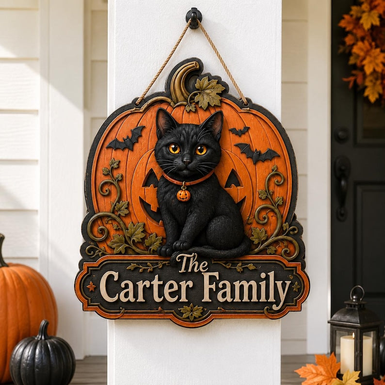 Halloween Cat Wooden Sign, Personalized Pet Name Door Hanger, Custom Black Cat Wall Art, Family Halloween Decor Gift