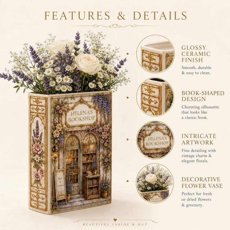 Custom Bookshop Flower Vase, Personalized Ceramic Book Vase