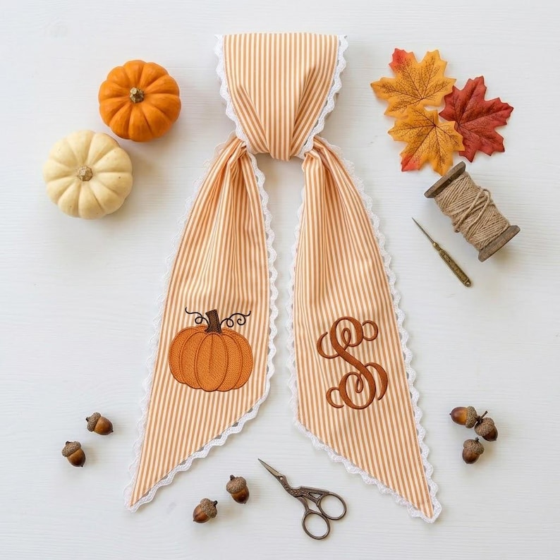 Embroidered Pumpkin Wreath Sash, Fall Monogram Door Ric Rac Bow, Custom Autumn Wreath Ribbon