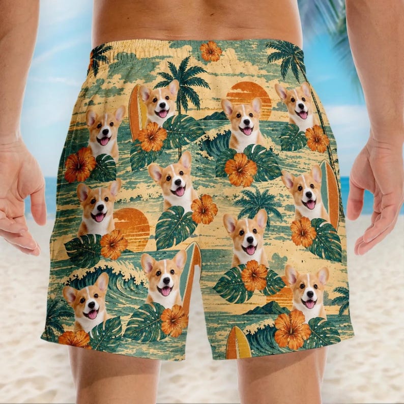 Custom Pet Face Swim Trunks, Personalized Dog Photo Hawaiian Beach Shorts, Funny Men’s Vacation Gift