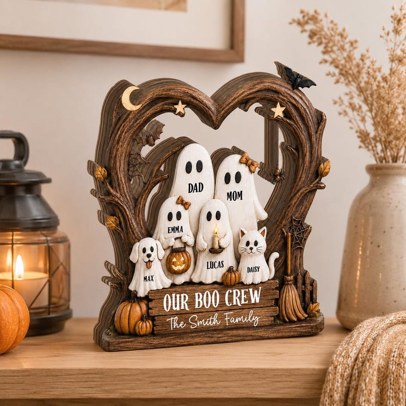 Custom Ghost Family Halloween Wooden Plaque, Rustic Fall Decor, Boo Crew Name Block, Halloween Gift