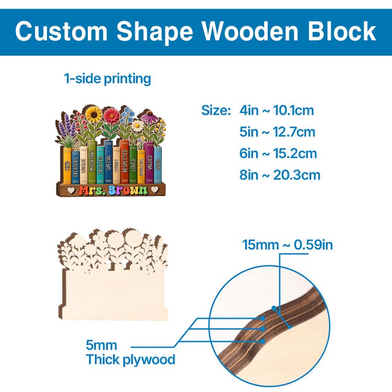 Custom Flowers Book Teacher Classroom Wooden Block, Floral Teacher Desk Decor