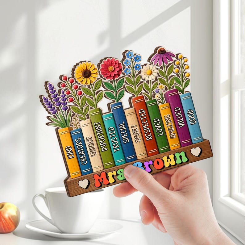 Custom Flowers Book Teacher Classroom Wooden Block, Floral Teacher Desk Decor