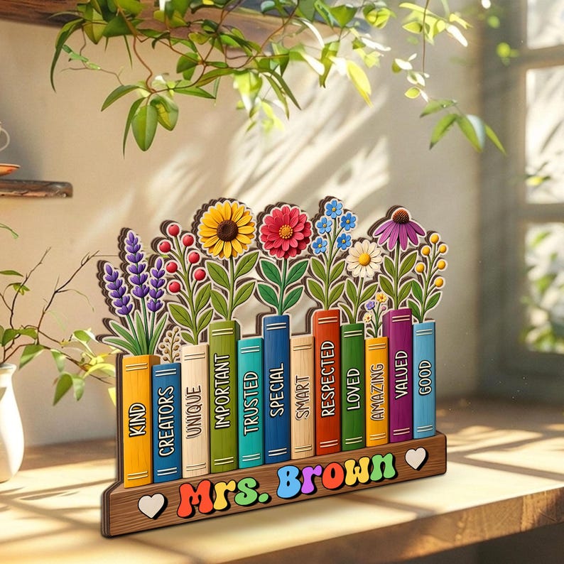 Custom Flowers Book Teacher Classroom Wooden Block, Floral Teacher Desk Decor