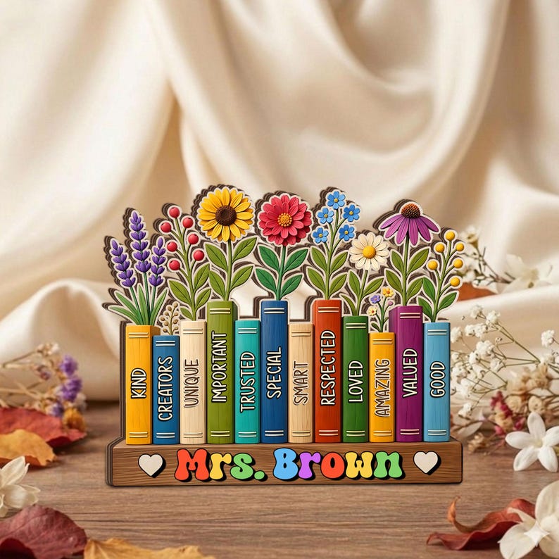 Custom Flowers Book Teacher Classroom Wooden Block, Floral Teacher Desk Decor