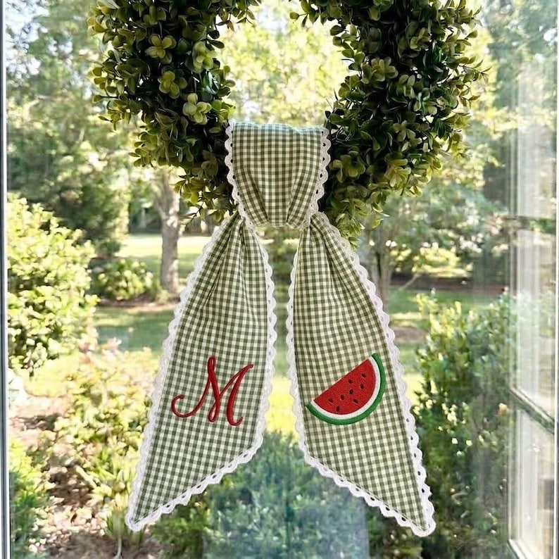Monogrammed Watermelon Ric Rac Wreath Sash, Personalized Summer Front Decor Wreath, Embroidered Bow Sash