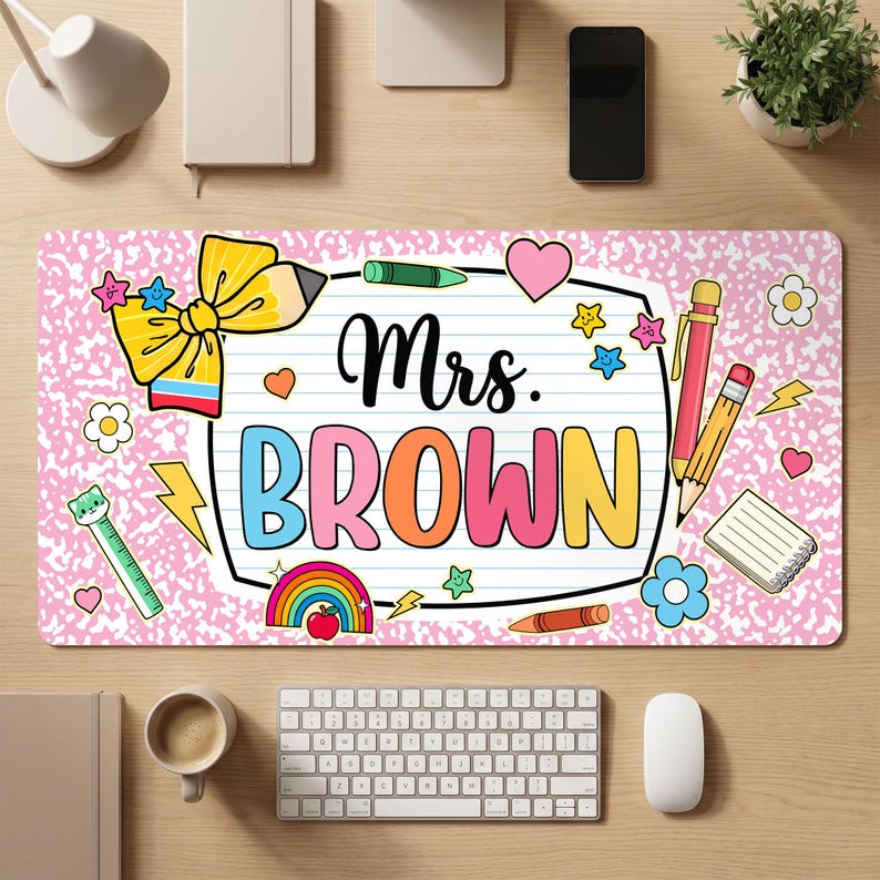 Personalized Teacher Desk Mat 2026, Custom Teacher Name Classroom Decor, Retro Checkered Large Desk Pad