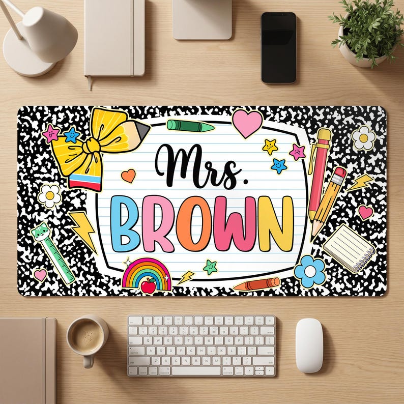Personalized Teacher Desk Mat 2026, Custom Teacher Name Classroom Decor, Retro Checkered Large Desk Pad