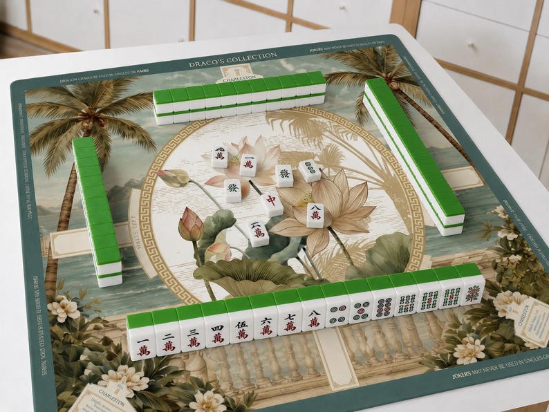Tropical Lotus Mahjong Mat, Exotic Palm Tree Game Board Cover, Elegant Mahjong Player Gift