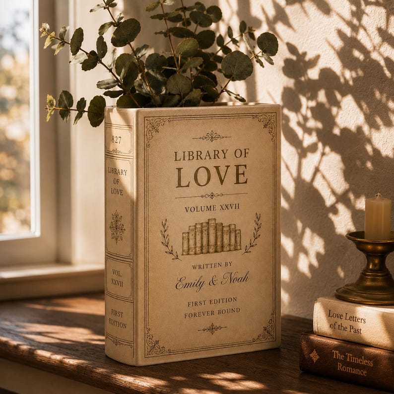 Custom Toile De Jouy Ceramic Book Vase, Personalised Wedding Gift for Couple, Floral Book Shaped Vase