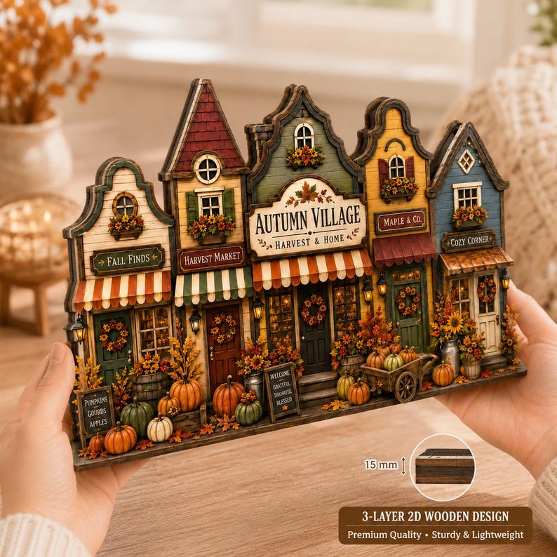 Autumn Village Wooden Block Decor, Fall House Shelf Sitter, Rustic Farmhouse Tiered Tray Decor