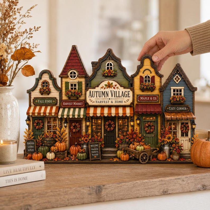 Autumn Village Wooden Block Decor, Fall House Shelf Sitter, Rustic Farmhouse Tiered Tray Decor